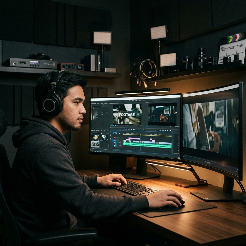 A video editor in the suite, headphones on, working a long edit timeline.