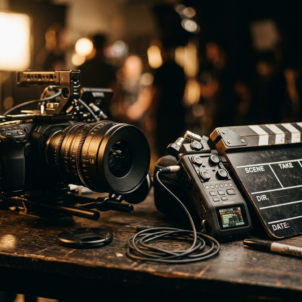 Cinema camera and clapperboard on a Three Spheres set.